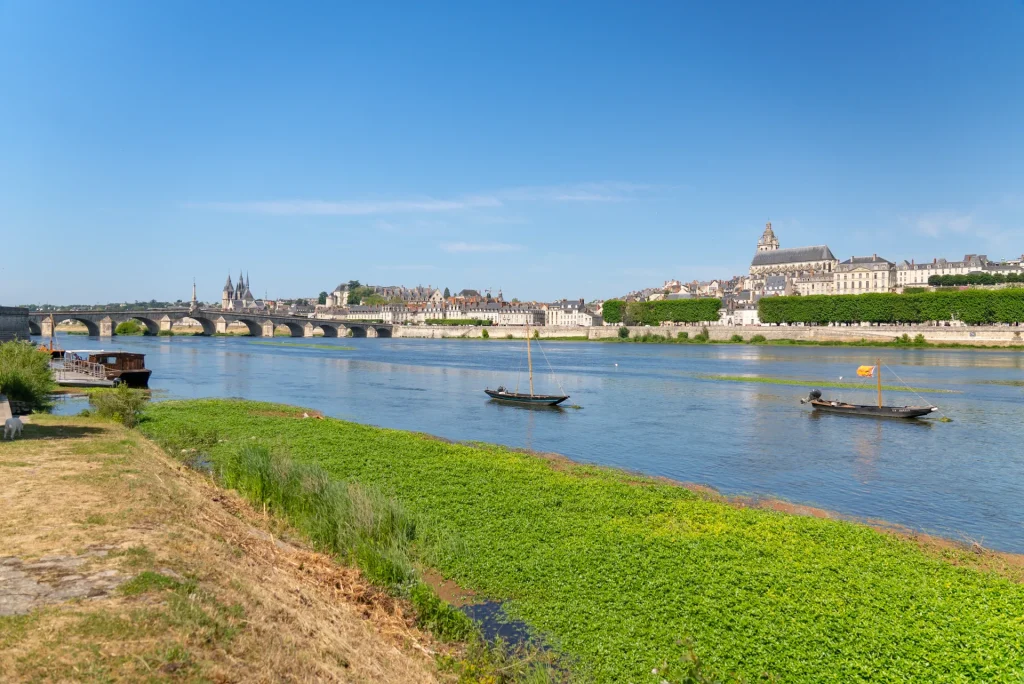 Blois et le pont Jacques-Gabriel avec la Loire et des bateaux traditionnels