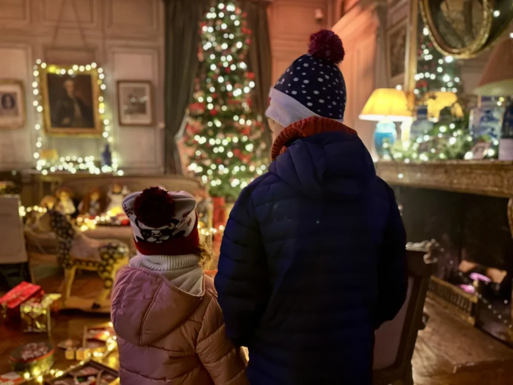 Enfants devant un sapin de Noël illuminé au château de La Ferté Saint-Aubin