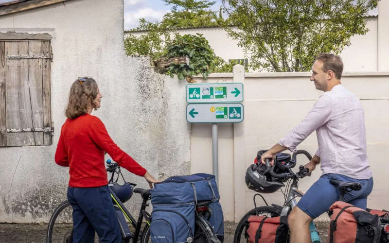 Cyclistes devant panneaux La Loire à Vélo