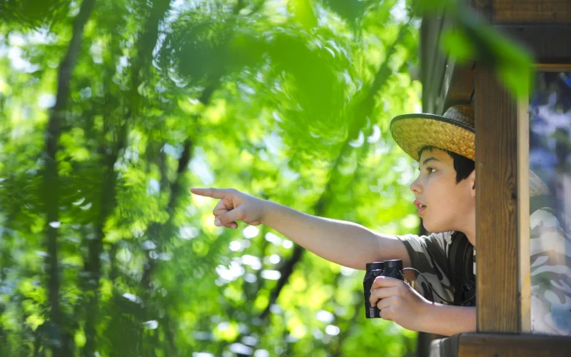 Enfant observant la nature, des jumelles à la main