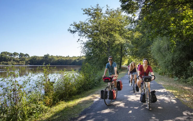 Cyclistes sur la route au bord de l'étang